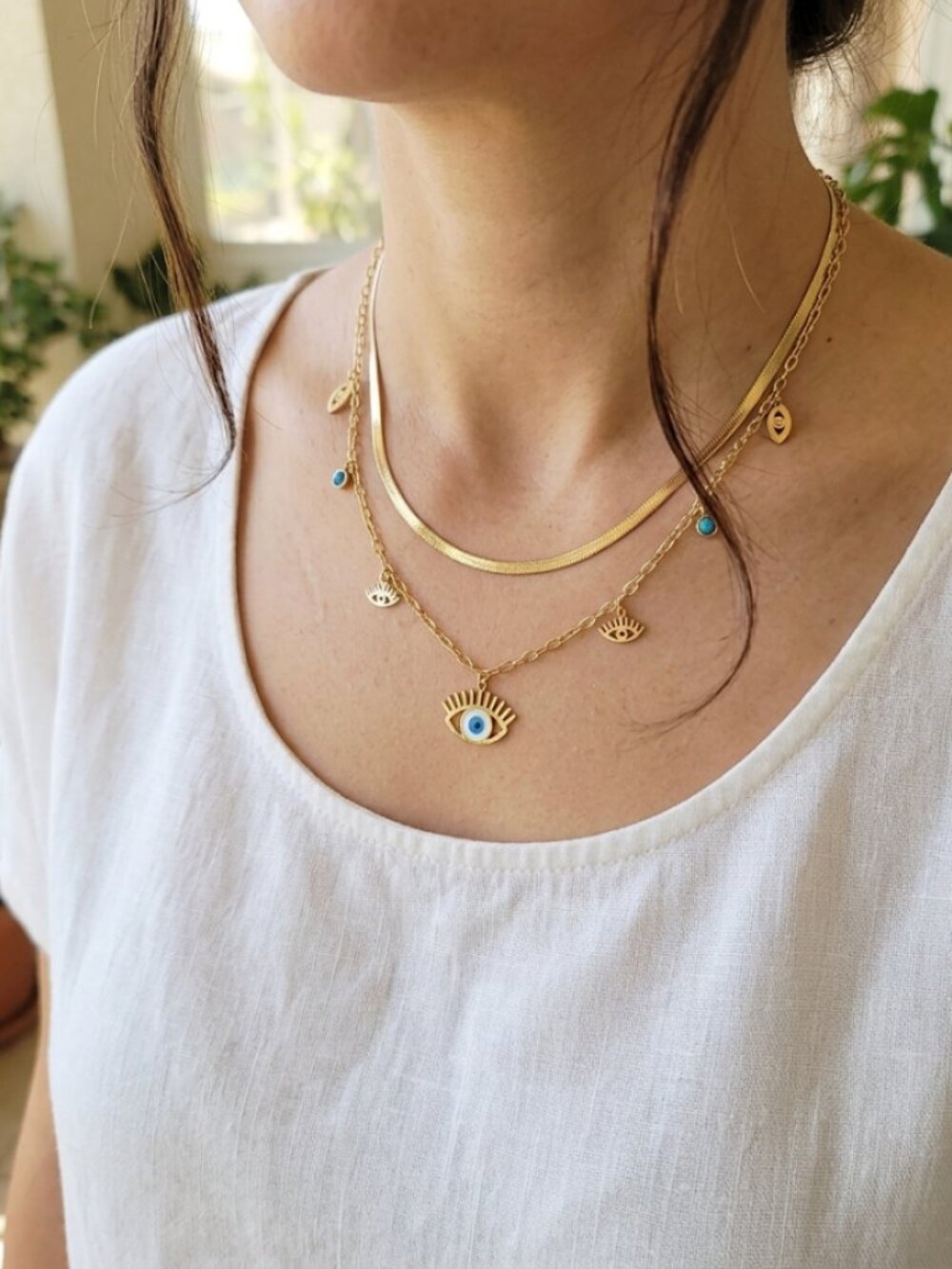 Gold Layered Evil Eye Necklace with Blue Eye Charms & Snake Chain - Picture 2 of 12